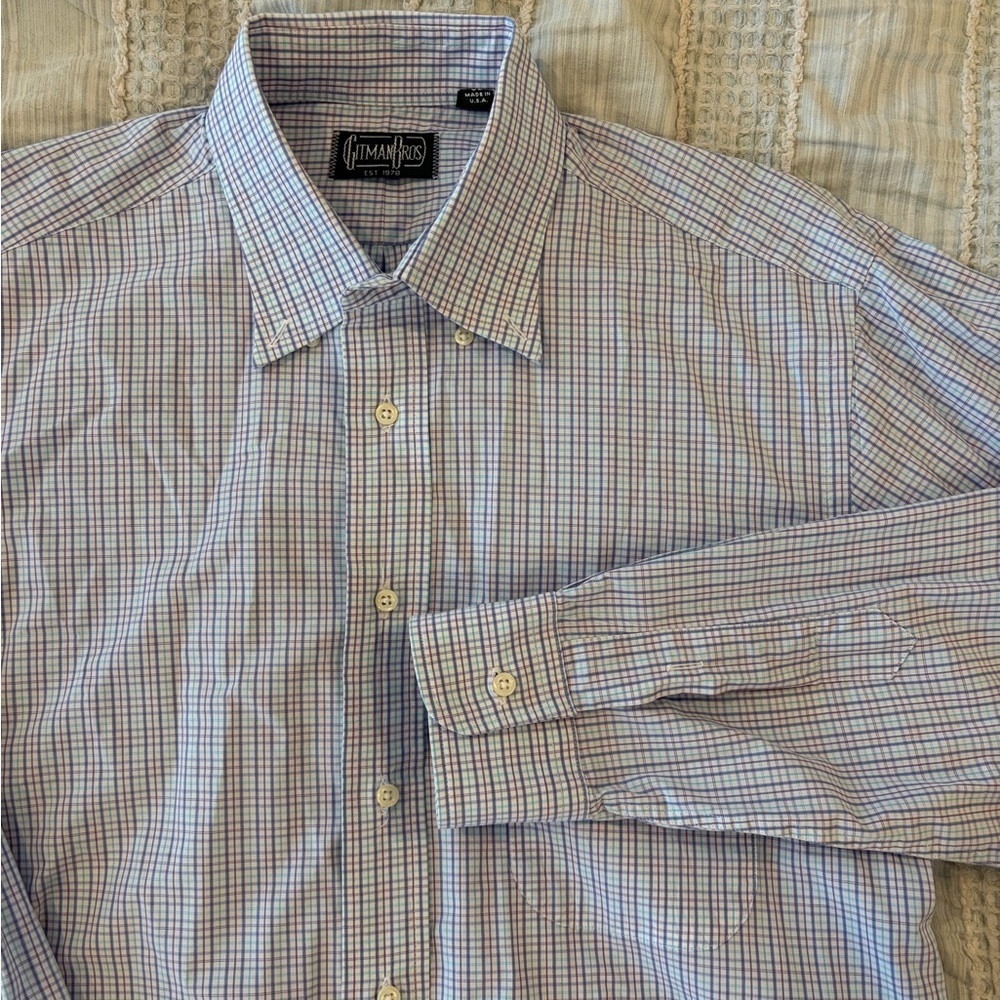 Gitman Bros USA Made Plaid Button Down Shirt 16/35 purple blue white